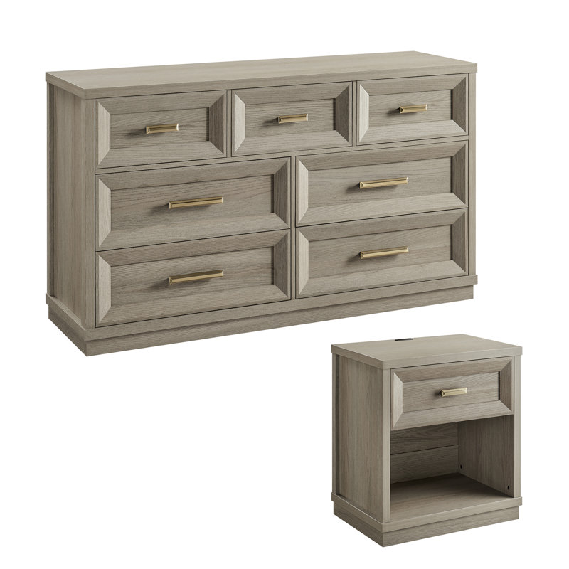 Ensemble de chambre à coucher 2 pièces, table de chevet et commode 7 tiroirs, Grey