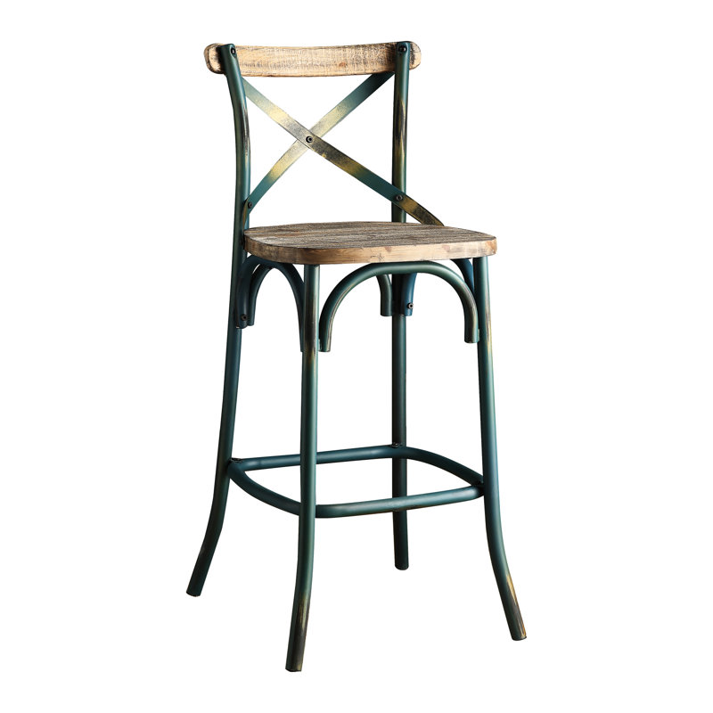 Chaise de bar industrielle turquoise antique avec assise en bois, 100 kg, 1 pièce, tabouret vintage pour salle à manger avec structure en métal.