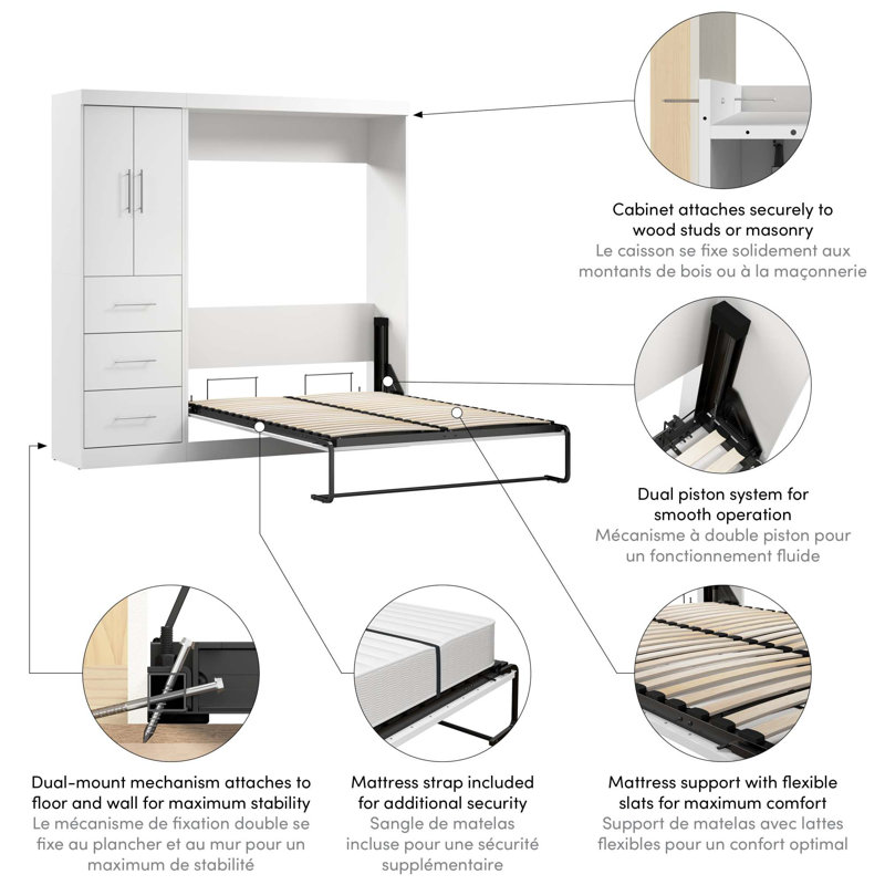 Lit escamotable avec rangement Velora, Blanc, Double