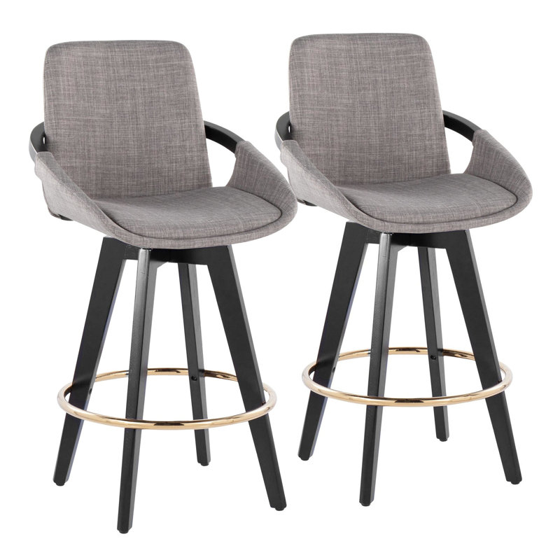 Whitacre 26" Fixed-Height Upholstered Counter Stools with Black Wood Legs & Round Footrest, Gray/Gold
