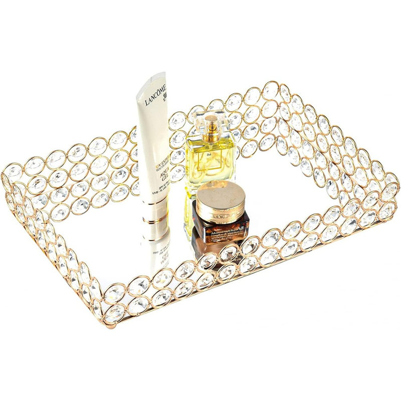 Plateau de coiffeuse en cristal miroitant, bijoux ornés et organisateur de cosmétiques pour les parfums, les soins de la peau et la décoration intérieure