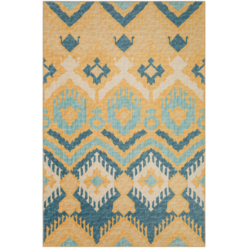 Tapis jaune / blanc / bleu tissé à la machine Hubbs, Rectangle 8 pi x 10 pi
