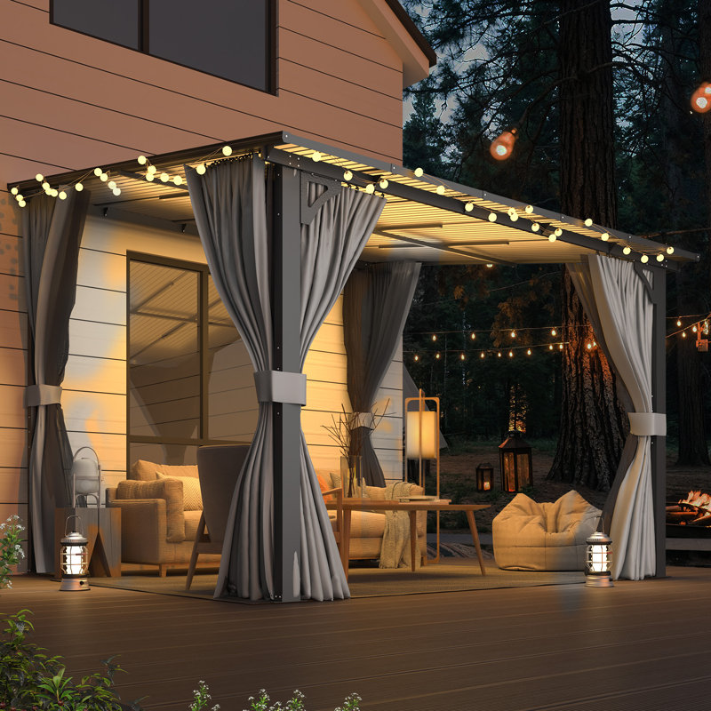 Wall-Mounted Lean To Pergola Gazebo With Curtains And Netting, 96" H x 121" W x 121" D