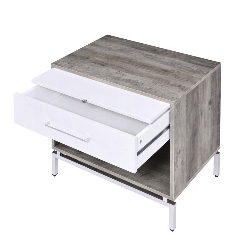 Table de chevet de chambre à coucher avec 1 tiroir et compartiment ouvert, chêne gris vieilli blanc, base en métal blanc, pour l'organisation