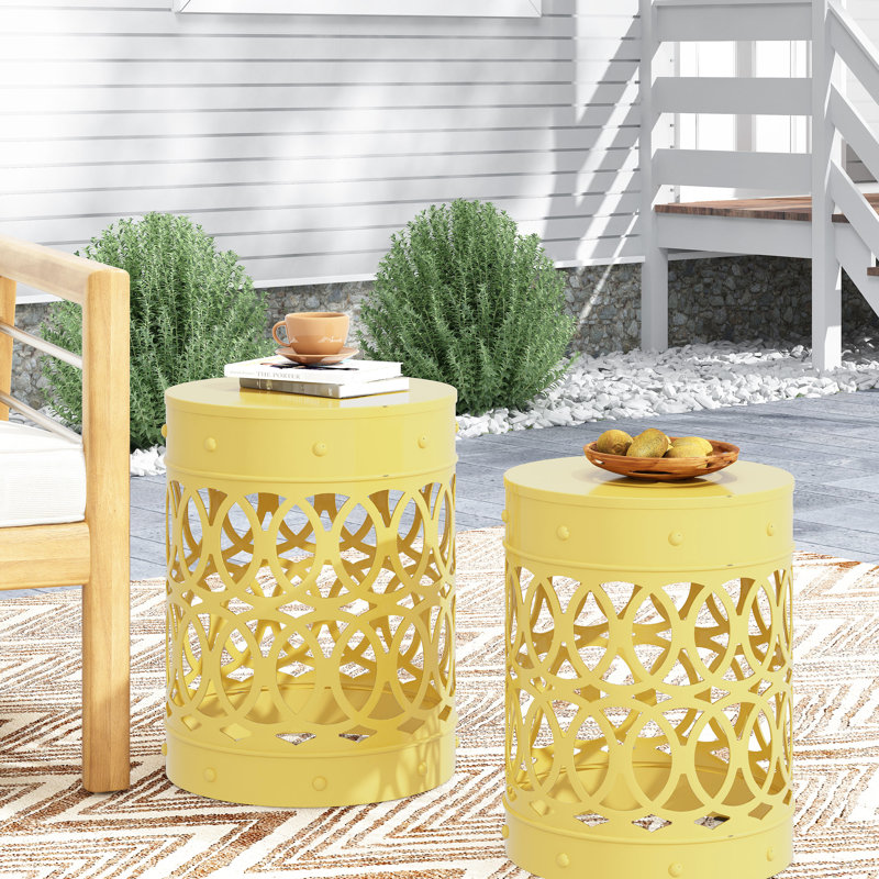 Modern Yellow Iron Outdoor End Table , Powder-Coated Frame, No Assembly, Minimalist Chic, 13.67"W X 13.67"D 17.79"H & 12.00"W 12.00"D 16.00"H Metal Pair, Design, Construction, Powder-Coated,