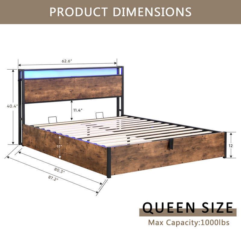 Full Size Lift-Up Storage Bed Frame - Featuring Bookcase Headboard, Led Lights, Charging Station, No Box Spring Needed, Queen