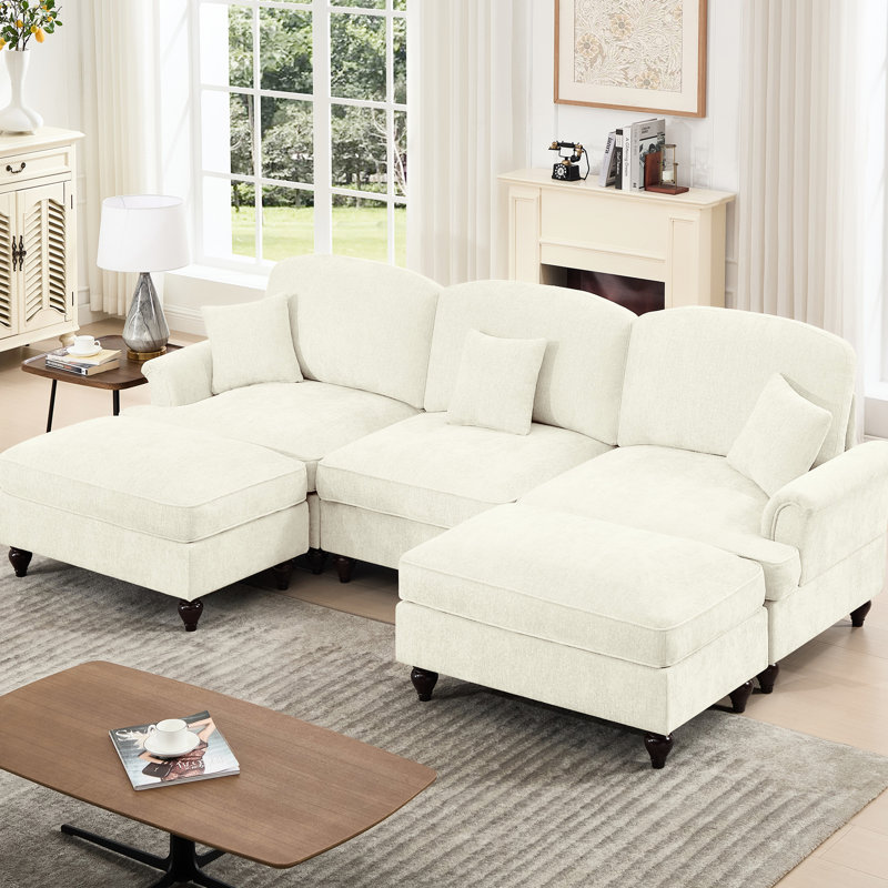 Chenille, modulaire en forme de U, dossier rembourré incurvé, pieds fuselés, jupes de plis à volants amovibles, tissu doux et épais, sensation de multiples configurations,