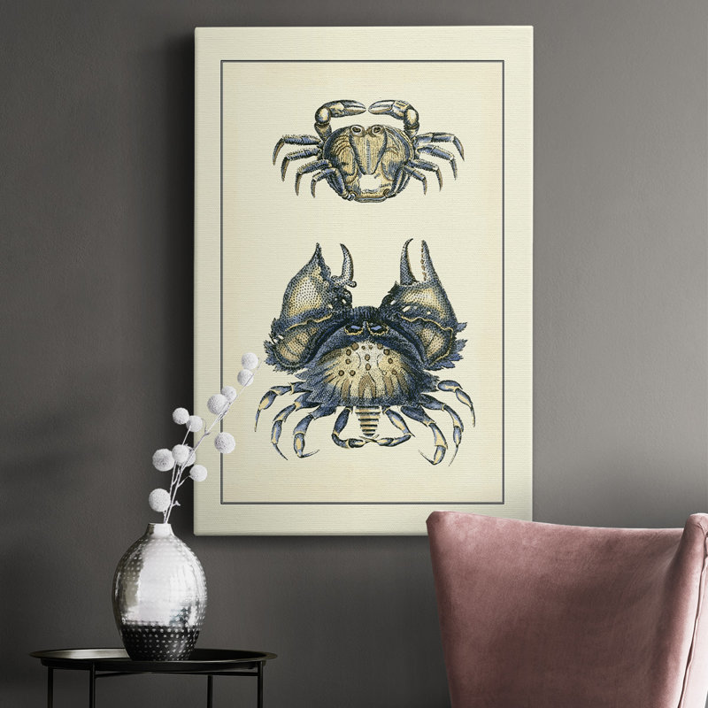 Crabes bleus antiques I - peinture sur toile tendue, H 18 po x l 12 po x P 1,5 po