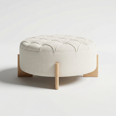 Modern Round Tufted Ottoman with Solid Wood Legs, Multi-Functional Footrest and Coffee Table