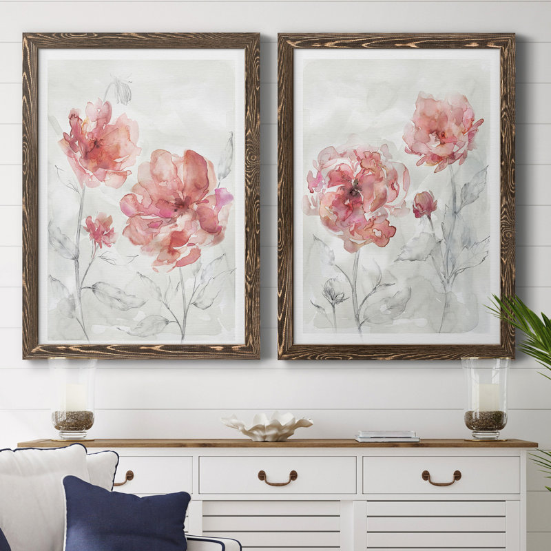 «Blush Botanical I», ensemble de 2 reproductions d'art, H 44 po x l 31 po x P 1 po, Pas de tapis, Toile avec cadre en noyer