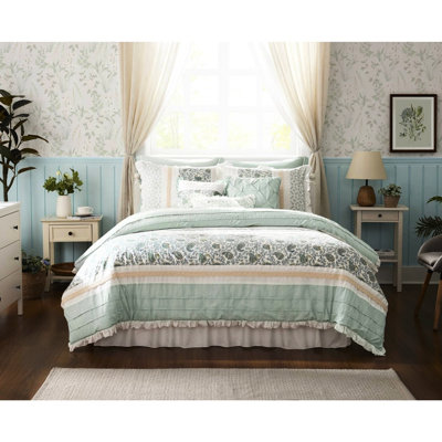 9 Piece Comforter In King - Cotton Bedding With Shabby Chic Touch, Includes Comforter, , Shams And Embellished Decorative Pillows Ruching Details Printed Textiles, Enchanting