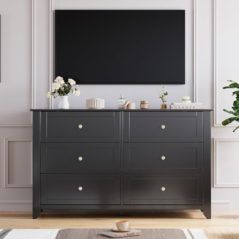 Black 6-Drawer Dresser, Modern Wood Chest with Deep Drawers & Nickel Handles, Black