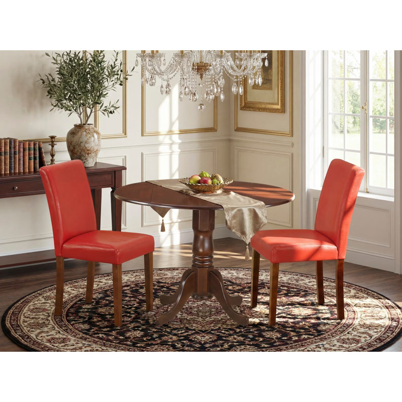 L'ensemble de table de cuisine 3 pièces contient une table de salle à manger ronde avec Dropleaf et 2 chaises rembourrées en similicuir rouge Firebrick, 42 x 42 pouces, acajou