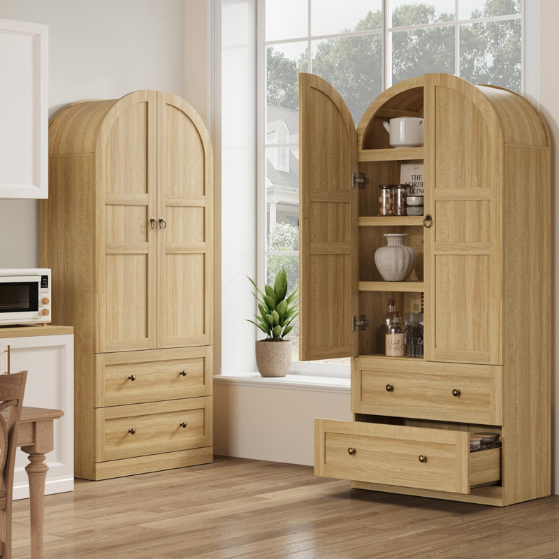 71" Tall Arched Bookcase Cabinet, Wood Arched Bookshelf with Doors & Drawers, Large Arch Display Bookcase Cabinet with Storage, Farmhouse Storage Cabinet for Office Living Room, Natural