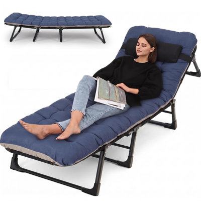 Lit de camp pliable pour adultes avec matelas, lit de camp pliant robuste avec oreiller réglable à 5 angles pour le soutien de bureau de randonnée 400 lb, bleu