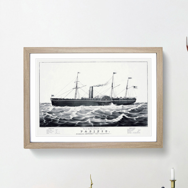 U.S. Mail Steam Ship by N. Currier - Picture Frame Drawing Print, Oak Framed, 36cm H x 48cm W x 2cm D