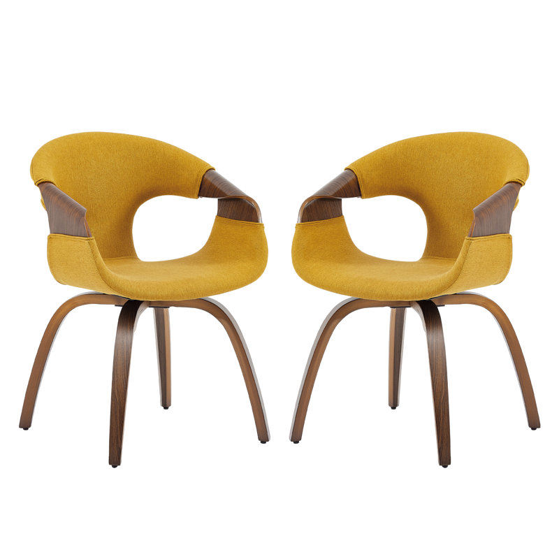 Afra 21.26'' W Swivel Polyester Upholstered Dining Arm Chair (Set Of 2), Yellow/Brown Wood