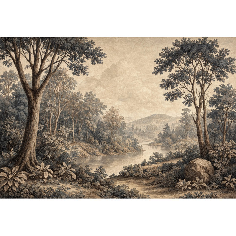 Papier peint rétro paysage forêt, 120 po x 96 po, Peler et coller