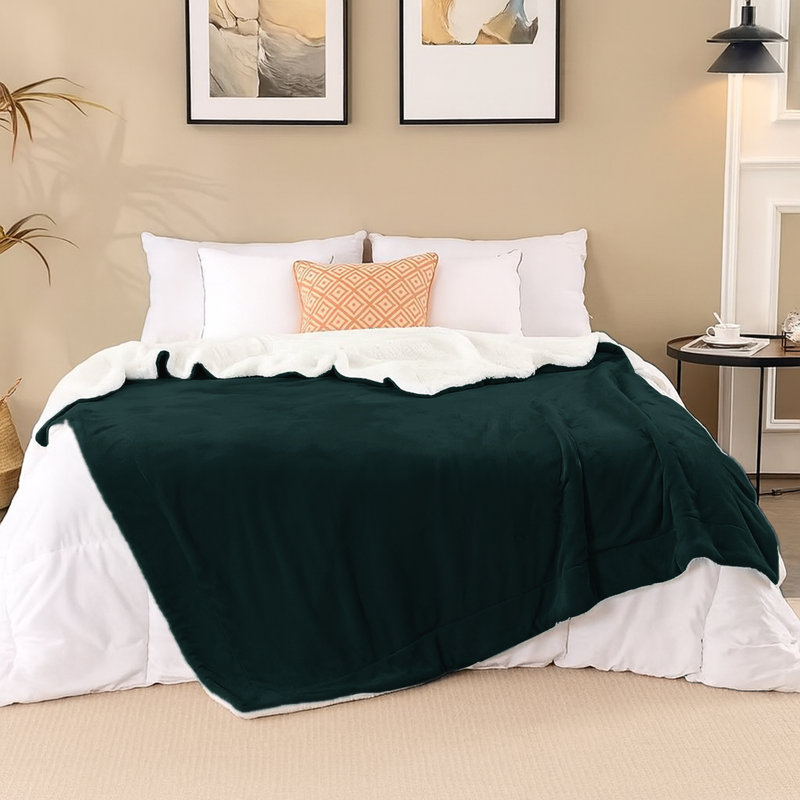 Sherpa Fleece Fur Thick Reversible Blanket Throw, 130cm x 150cm, Emerald