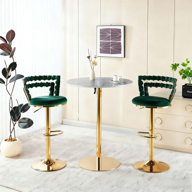 Ensemble de table de bar Modern Gold moderne avec 2 tabourets de bar réglables, table de pub ronde à motif de marbre pour le bar et la cuisine