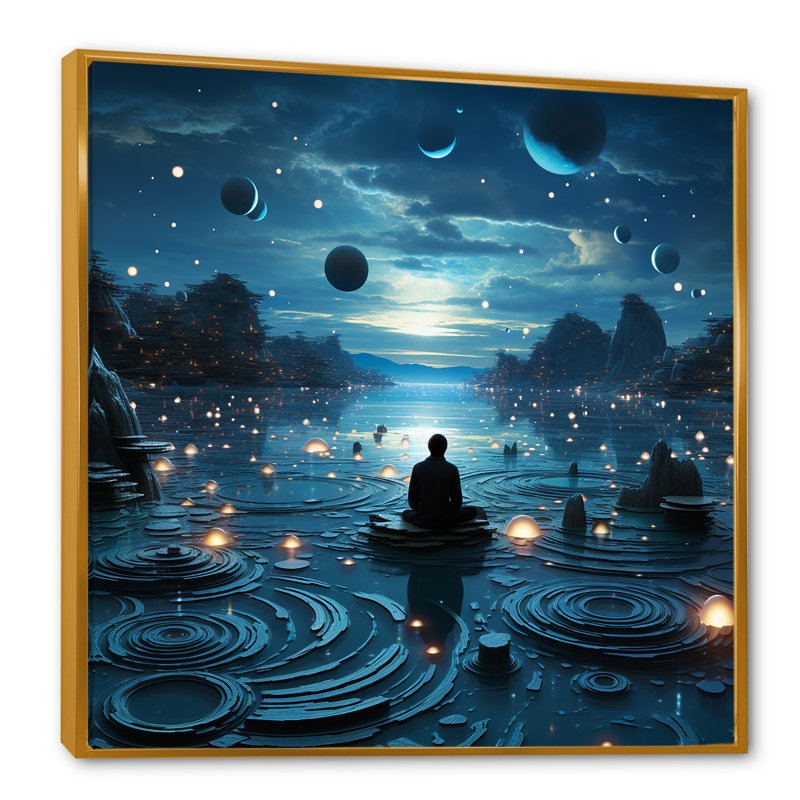 Bleu intérieur méditation, Cadre flottant doré, H 30 po x l 30 po x P 1 po