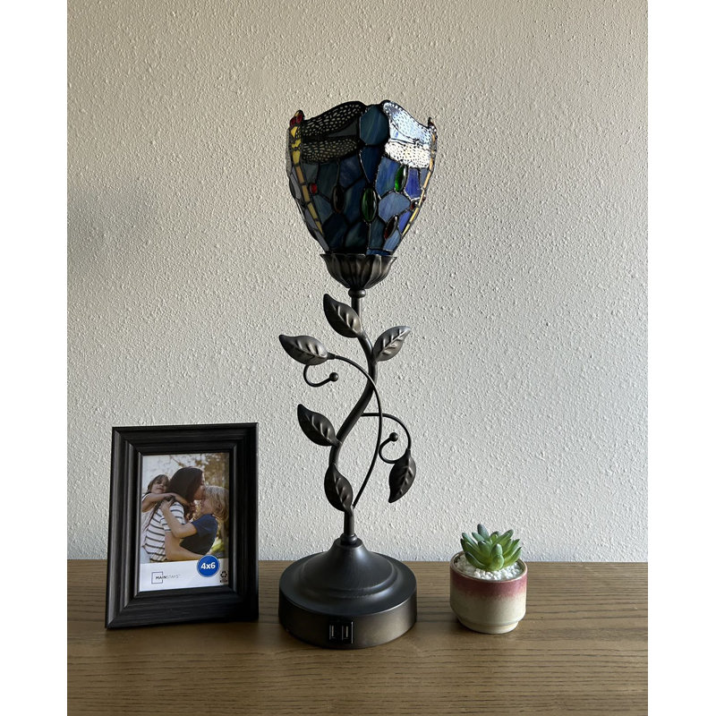 Simonetti Tiffany Torch Table Lamp Dragonfly Blue Stained Glass Included LED Bulb USB Ports 6"W*6"D*20"H, Sky Blue