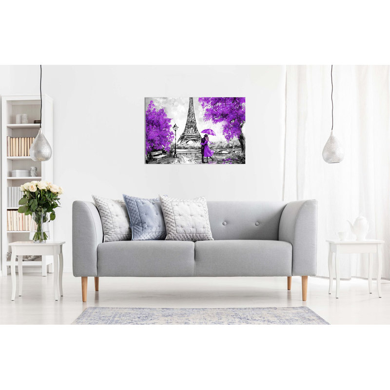 Paris Oil Painting Reproduction Eiffel Tower - Wrapped Canvas Print, 61cm H x 91cm W, Purple