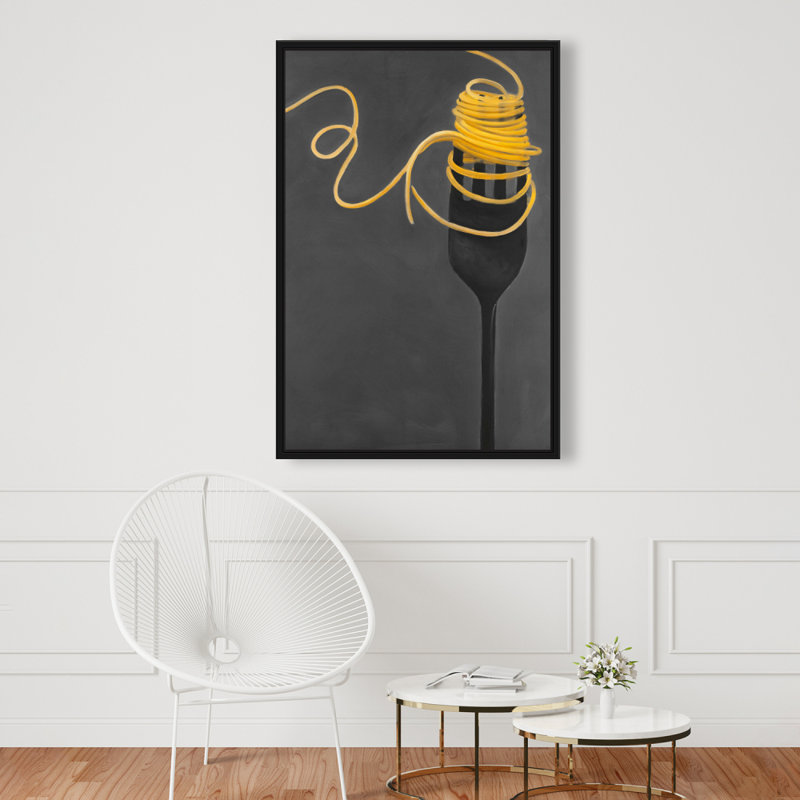 Spaghetti pâtes autour d'une fourchette - nourriture grise, art décoratif sur toile, H 37,25 po x l 25,25 po