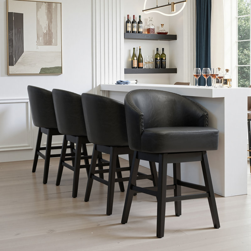 Tabouret de comptoir pivotant en similicuir de 26,4 po avec pieds en bois massif, Noir