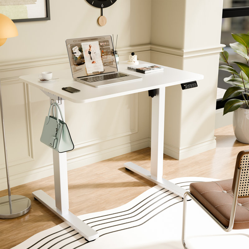ERGOMAKER Electric Standing Desk，Height Adjustable Desk，32 x 23.6 Inches，with Splice Board，Child Lock & Memory Function,White
