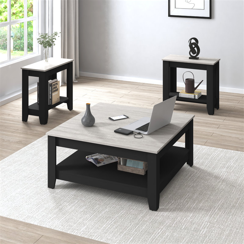 Weddel Basilico Modern Farmhouse 3 Piece Living Room Table Set, Dusty Gray Oak/Black