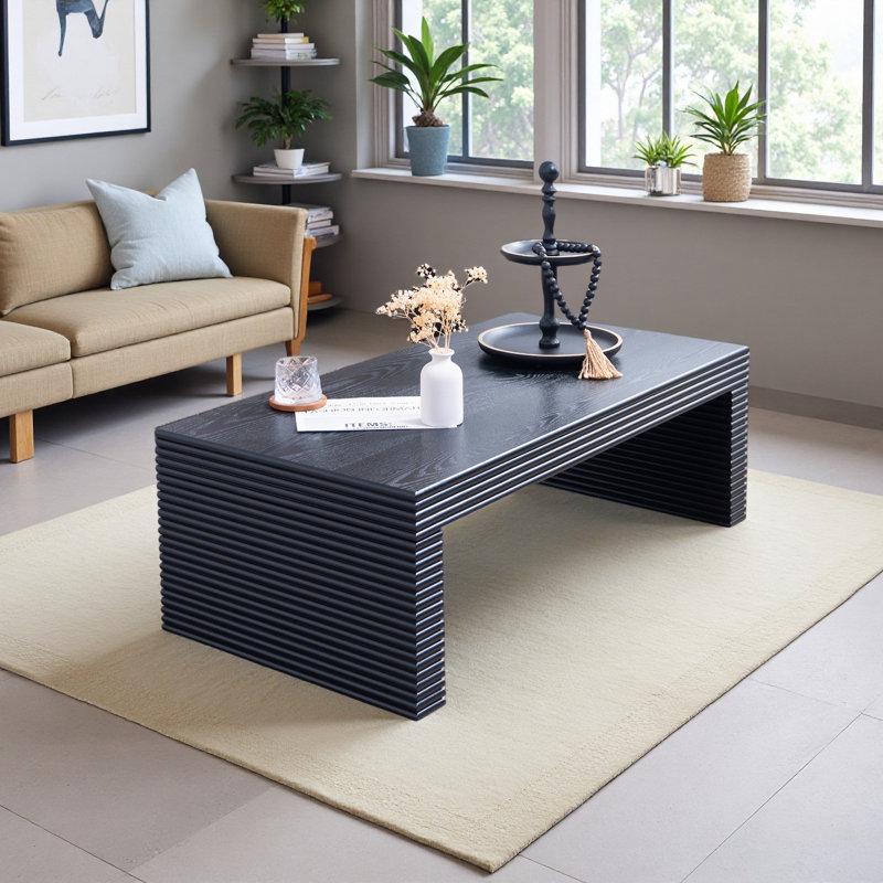 47.6" Modern Black Ribbed Coffee Table – Rectangular Low Profile Center Table