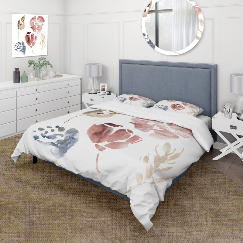 Feuillage minimaliste en rouge, bleu et brun - Ensemble de housse de couette traditionnel - Microfibre de polyester