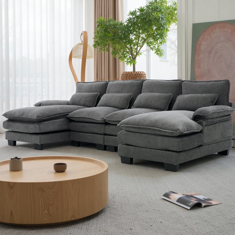 CloudHaven 110" U-Shaped Cloud Sectional Sofa Chenille Modular Couch with Double Chaise and Memory Foam, 4-Seat Sleeper Sofa for Living Room & Apartments
