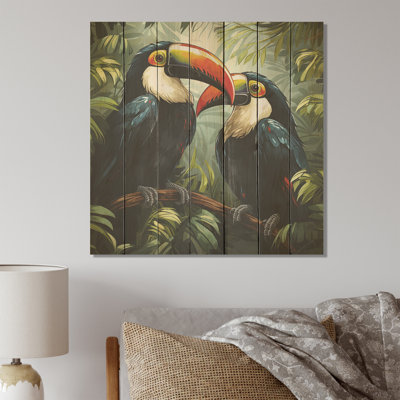 Toucans tropicaux noirs et verts - Oiseau sur bois