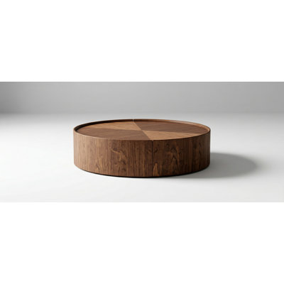 Round Walnut Finish Coffee Table with Iron Ring Base for Living Room, Bedroom, and Office Use, Modern Handcrafted Design with Mosaic Pattern Top