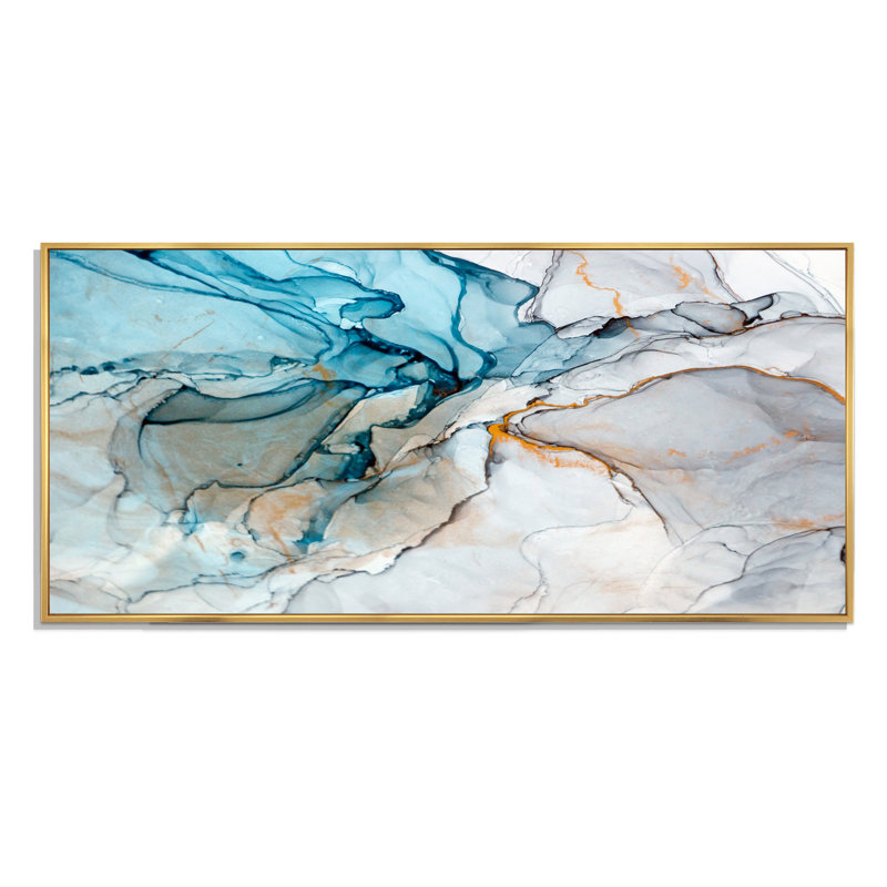 Luxry Blue and Grey Marble Art Ripples - impression sur toile, H 28 po x l 60 po, Reproduction avec cadre flottant, Doré