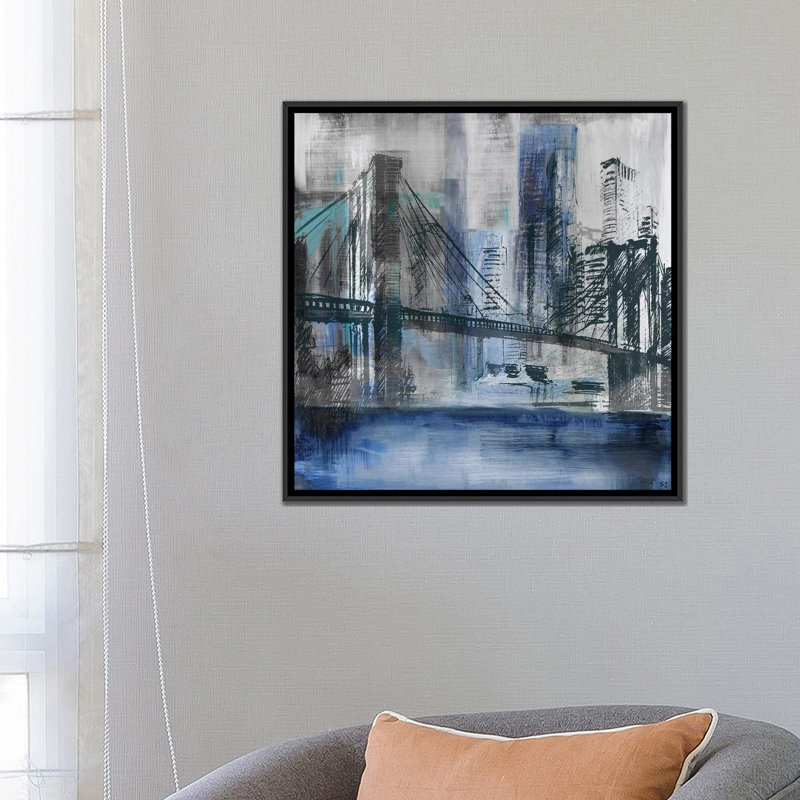 «Brooklyn Bridge», impression sur toile, H 18 po x l 18 po x P 1,5 po, Toile avec cadre noir, Blanc