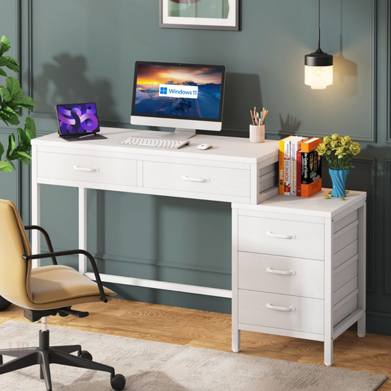 Bureau réversible de 51 po de largeur avec tiroirs, Blanc et blanc