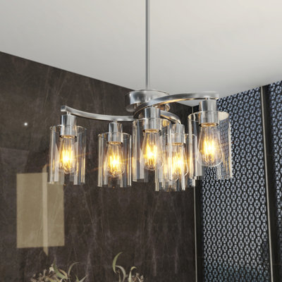 Lustres en nickel brossé 6 lumières pour la salle à manger au-dessus de la table, luminaire suspendu industriel à hauteur réglable pour la chambre de l'îlot de cuisine, abat-jour en verre transparent