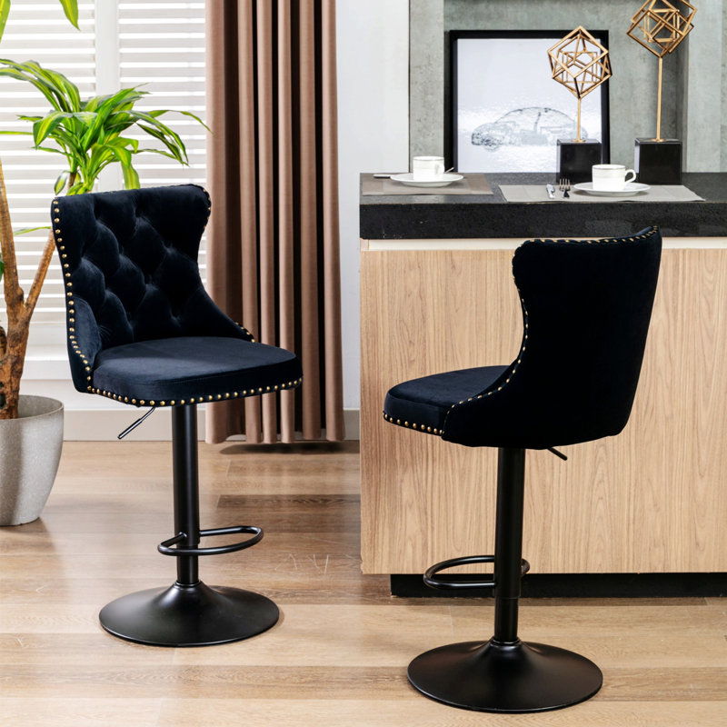 Ensemble de 2 tabourets de bar pivotants, tabourets de bar capitonnés avec dossier pour pub et îlot de cuisine, Noir, Noir