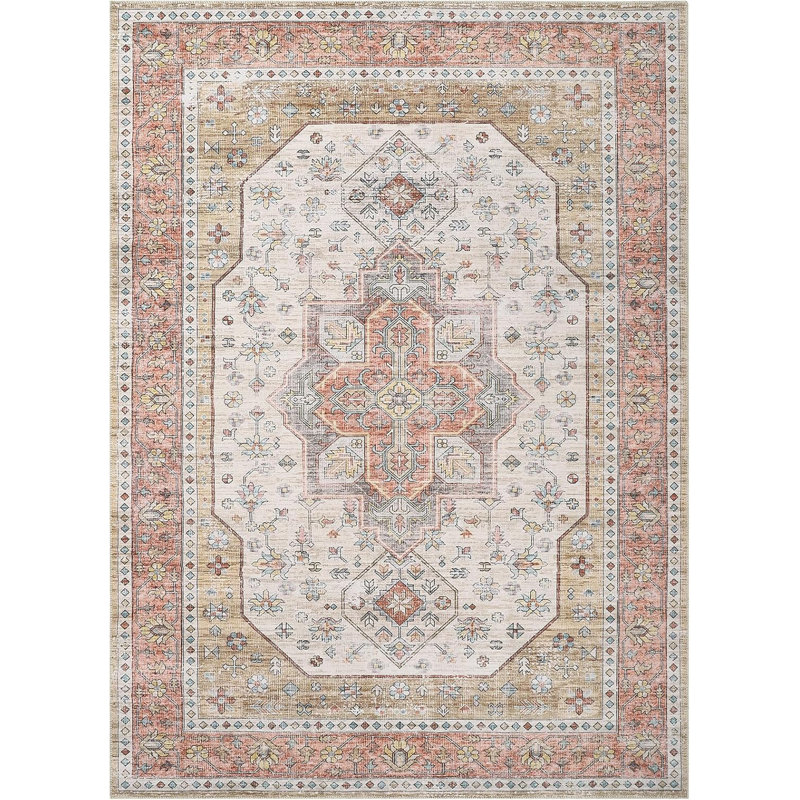 2x3 Washable Floral Area Rug – Vintage Boho Carpet, Non-Slip Backing, Low Pile, for Bedroom, Living Room, Dining Room, Office (Beige)