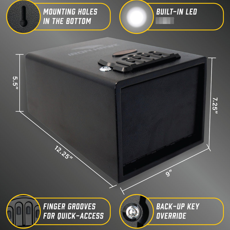 Coffre en acier noir mat avec accès rapide pour les grands usages - 8,79 po Largeur, hauteur 7,2, poids de 8,34 lb, profondeur de poids de 11,62 lb, profondeur, largeur