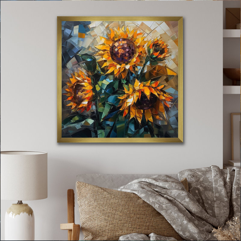 Tournesol jaune symphonie V sur toile, Encadrement doré, H 24 po x l 24 po x P 1 po