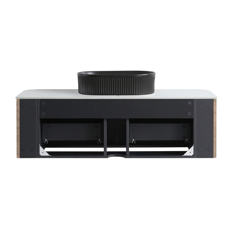 Armoire murale avec porte-serviettes gratuit et vasque en céramique sans drain ni robinet, Chêne miel, 48 po, Black