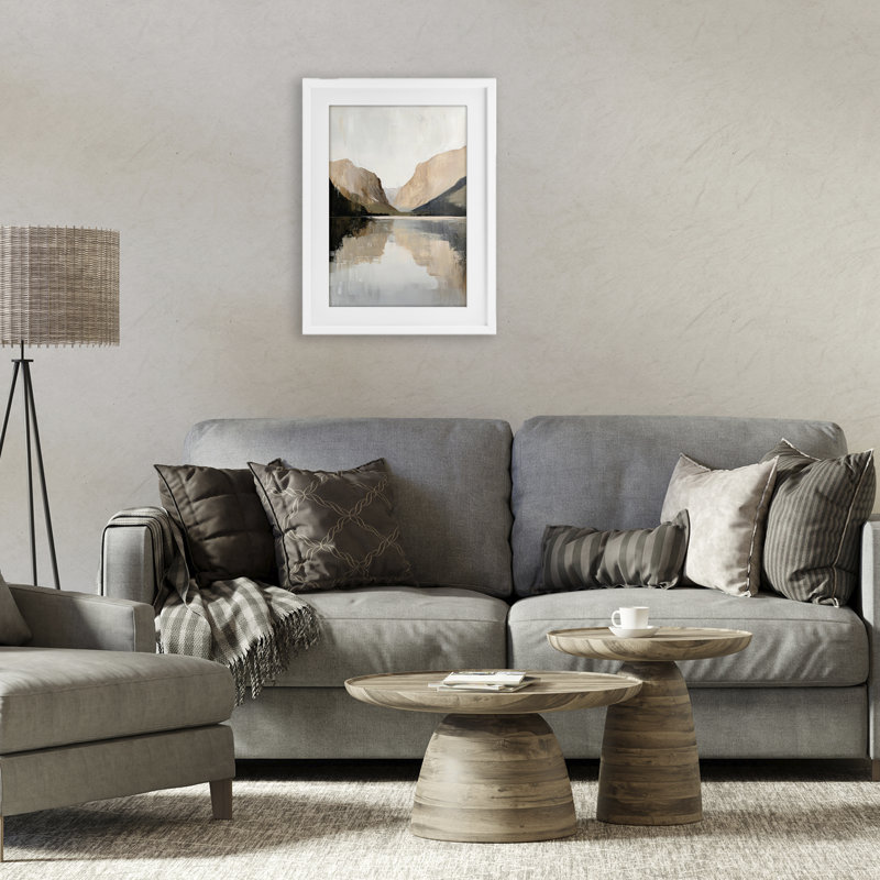«Mountains Reflecting Rustic Lake», reproduction d'art sous verre encadrée par Petal Prints Design, H 20 po x l 14 po