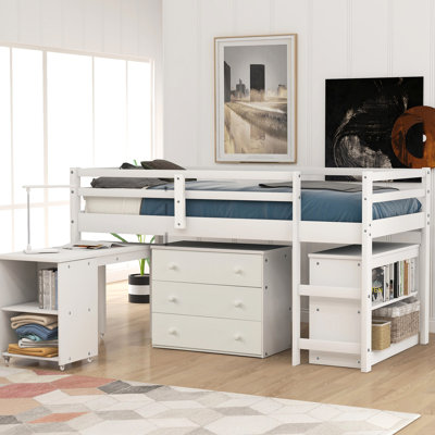 Lit mezzanine simple avec armoire et bureau roulant - blanc, artisanat de rangement blanc robuste