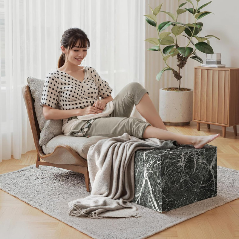 Cube Ottoman Footstool, Dark Green Marble