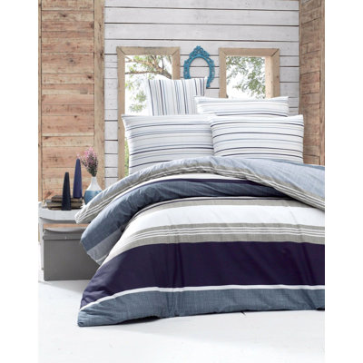 Luxurious Ranforce Double Quilt Cover Set, 79 x 79 | 100% Cotton, 145 Thread Count | Includes 2 Pillowcases (23.6 x 27.6) | Easy Care, Machine Washable, Stylish Blue, White & Grey Design | Perfect for Cozy Bedrooms