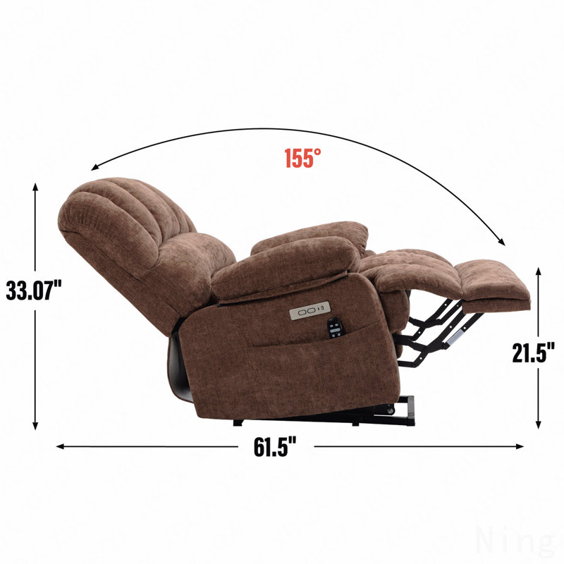Brown Chenille Power Lift Recliner - 23" Seat, 8-Point Massage, Lumbar Heating, High Back, Brown